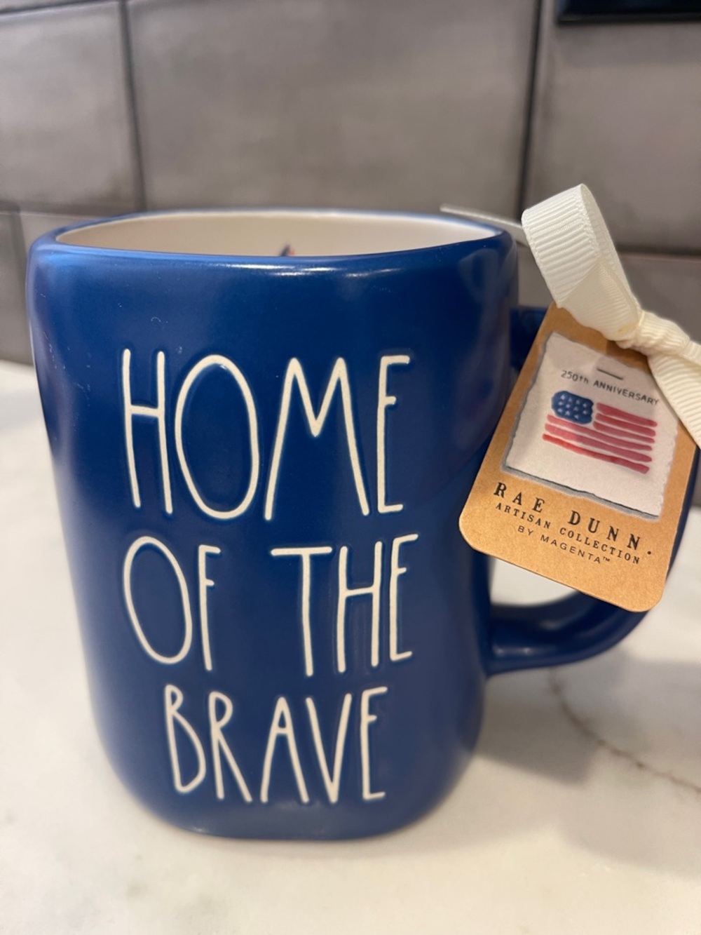 🇺🇸Rae Dunn Blue Ceramic Mug  "Home of the Brave" 🇺🇸 Matte Cobalt 💙Blue NWT